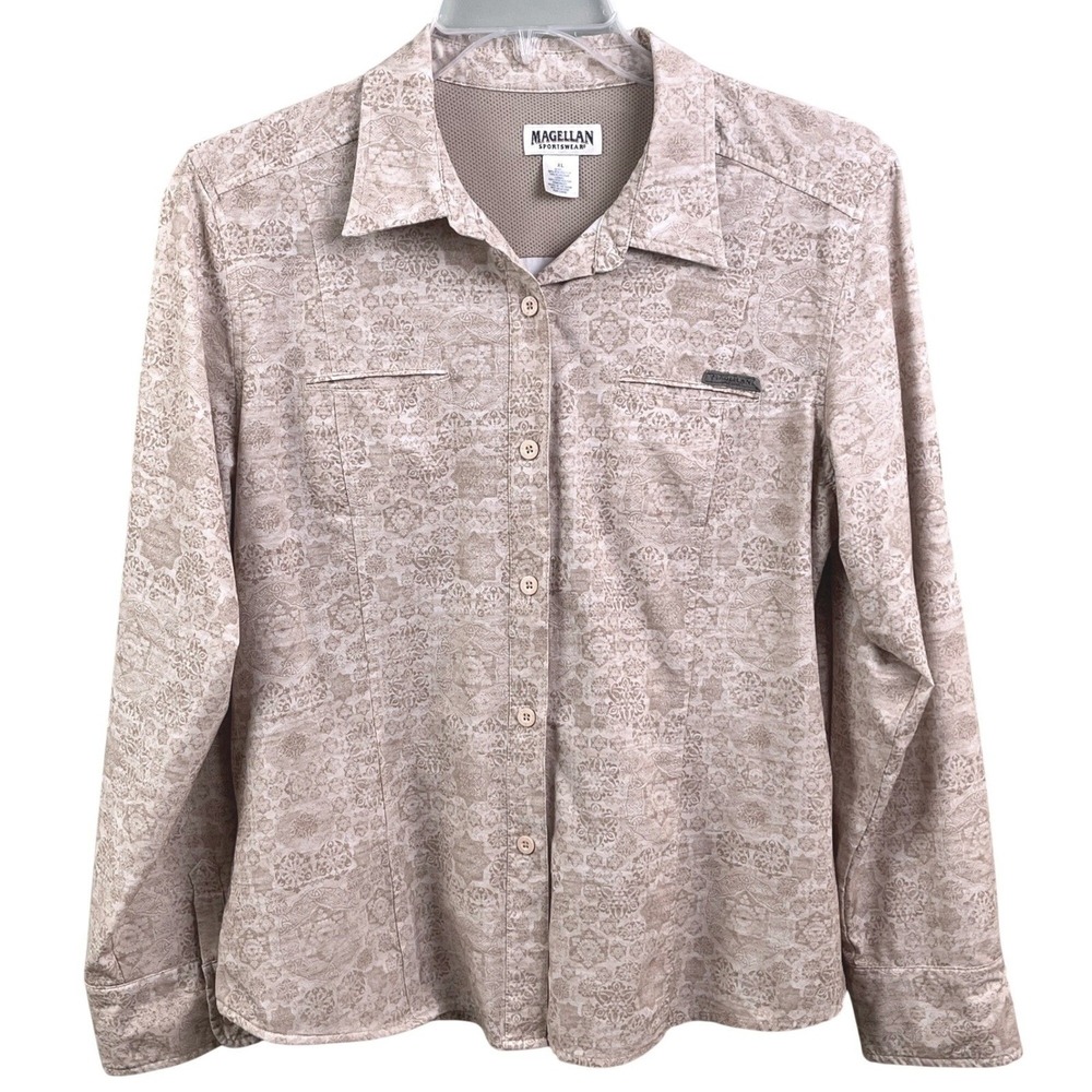VTG Magellan Fitted Tan Geometric Patterned Western Long Sleeve‎ Shirt XL Womans